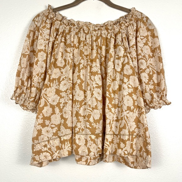 THE GREAT. Garland Floral Off-Shoulder Blouse Beige/Tan Size 2 Medium - Picture 3 of 9